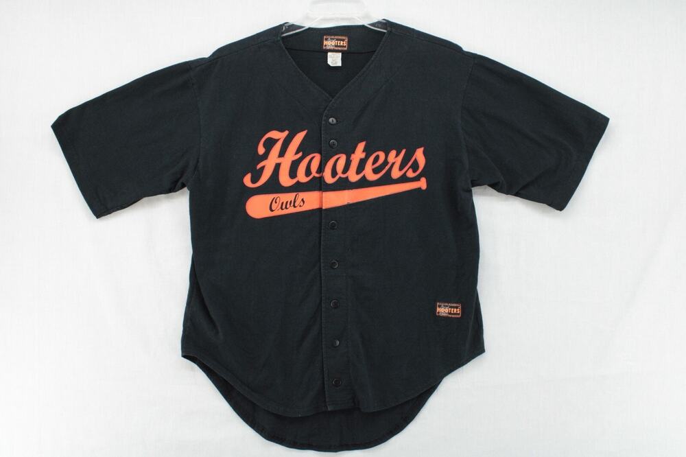 VTG Hooters Owls Baseball Jersey Authentic Mens Large Black Short Sleeve Casual